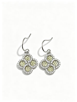 Rhodium Plated 925 Silver CZ Earrings with Apple Green and White AAA CZ Stones in Round Lucky Flower Circle Design